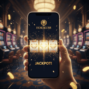 Ilustrasi kemenangan besar di Hokiku88 dengan layar ponsel menampilkan logo dan simbol jackpot.