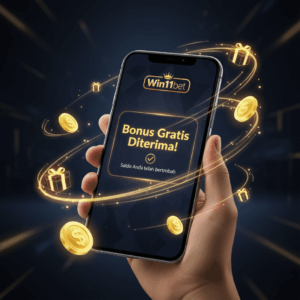 Layar ponsel menampilkan notifikasi 'Bonus Gratis Diterima!' dari Win11bet, dikelilingi koin dan ikon hadiah digital.