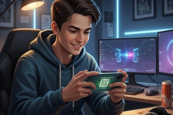 Gamer muda melakukan transaksi QRIS saat bermain game online, fokus dan aman di kamar gaming modern.