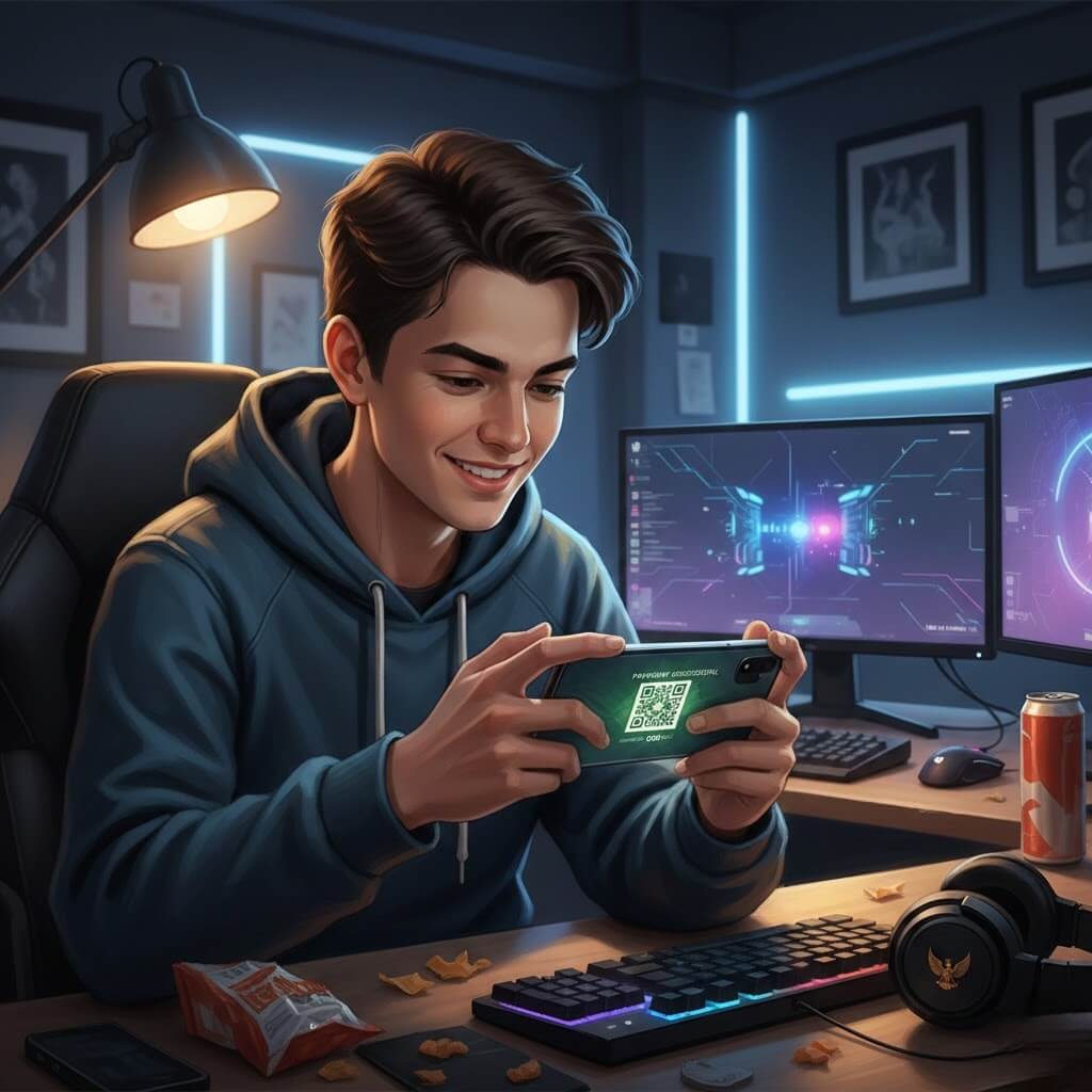 Gamer muda melakukan transaksi QRIS saat bermain game online, fokus dan aman di kamar gaming modern.
