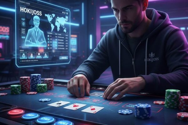 Gamer fokus bermain poker dan table games online di Hokijoss dengan dealer virtual, kartu, chip, dan leaderboard global.