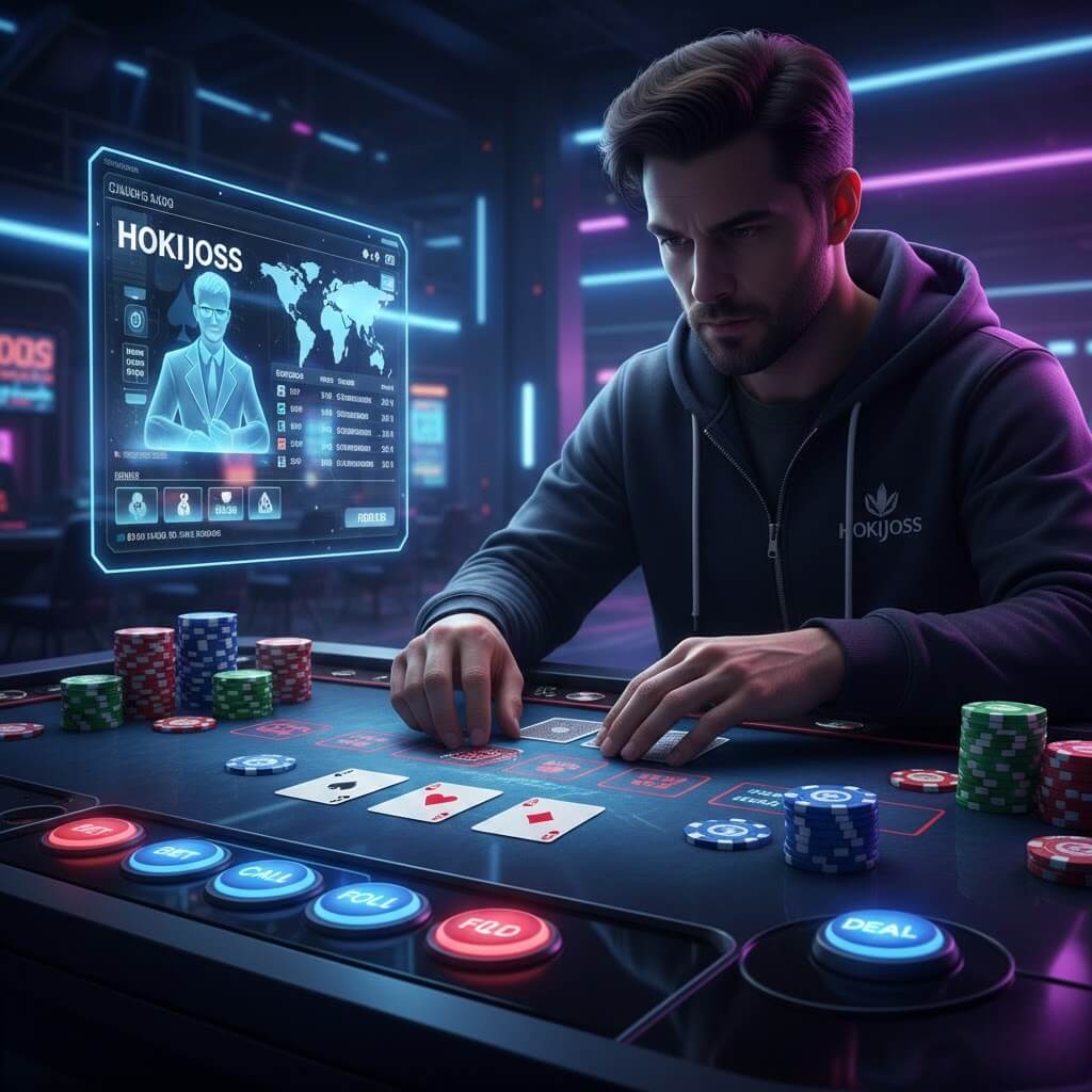 Gamer fokus bermain poker dan table games online di Hokijoss dengan dealer virtual, kartu, chip, dan leaderboard global.