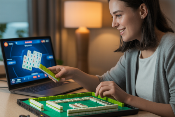 Pemain pemula bermain Mahjong online di laptop dengan smartphone di samping, menikmati pengalaman interaktif dan seru di platform Win11bet