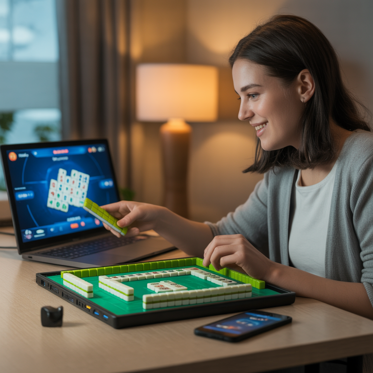Pemain pemula bermain Mahjong online di laptop dengan smartphone di samping, menikmati pengalaman interaktif dan seru di platform Win11bet